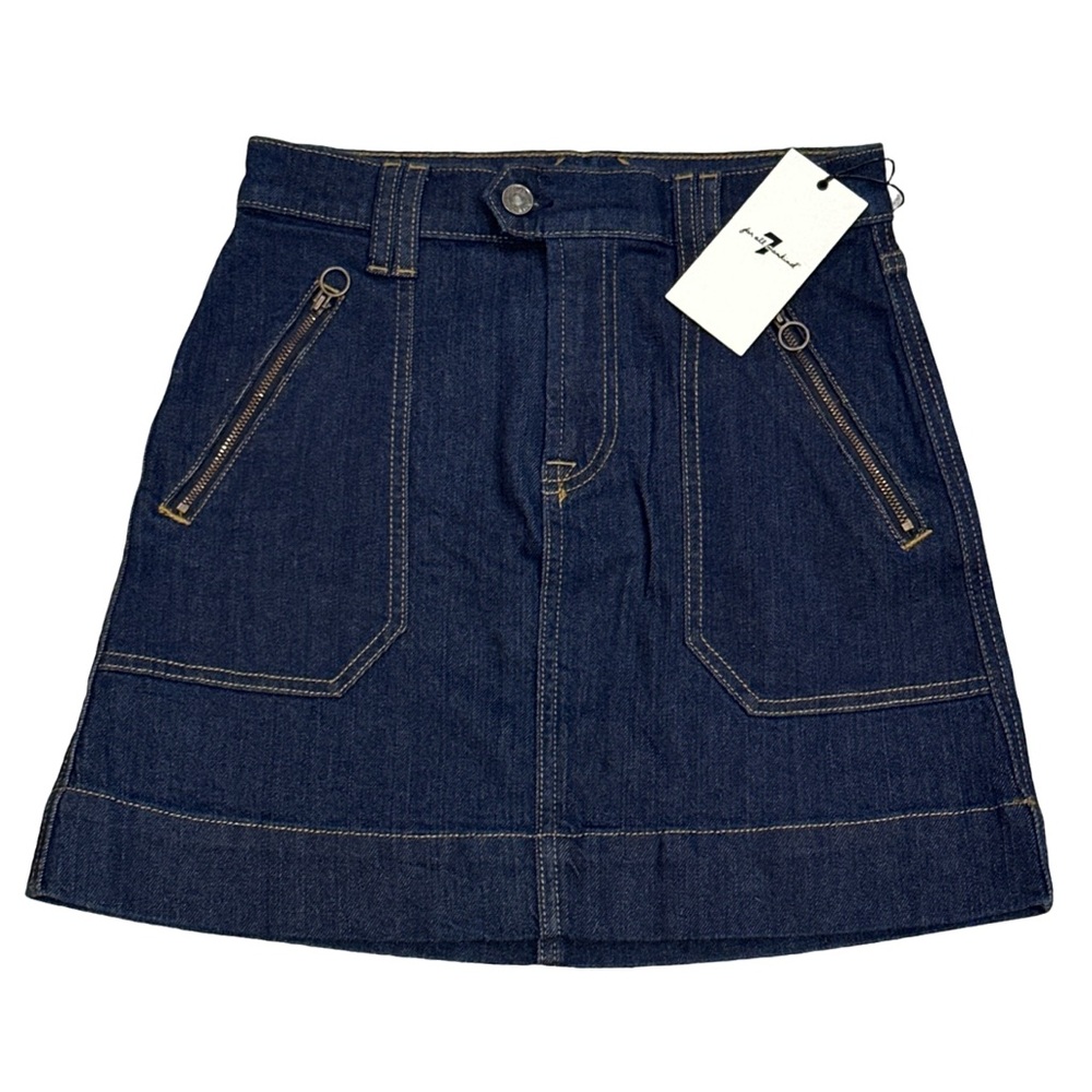 7 FOR ALL MANKIND women's clean utility denim mini skirt, gold accents, size 26.